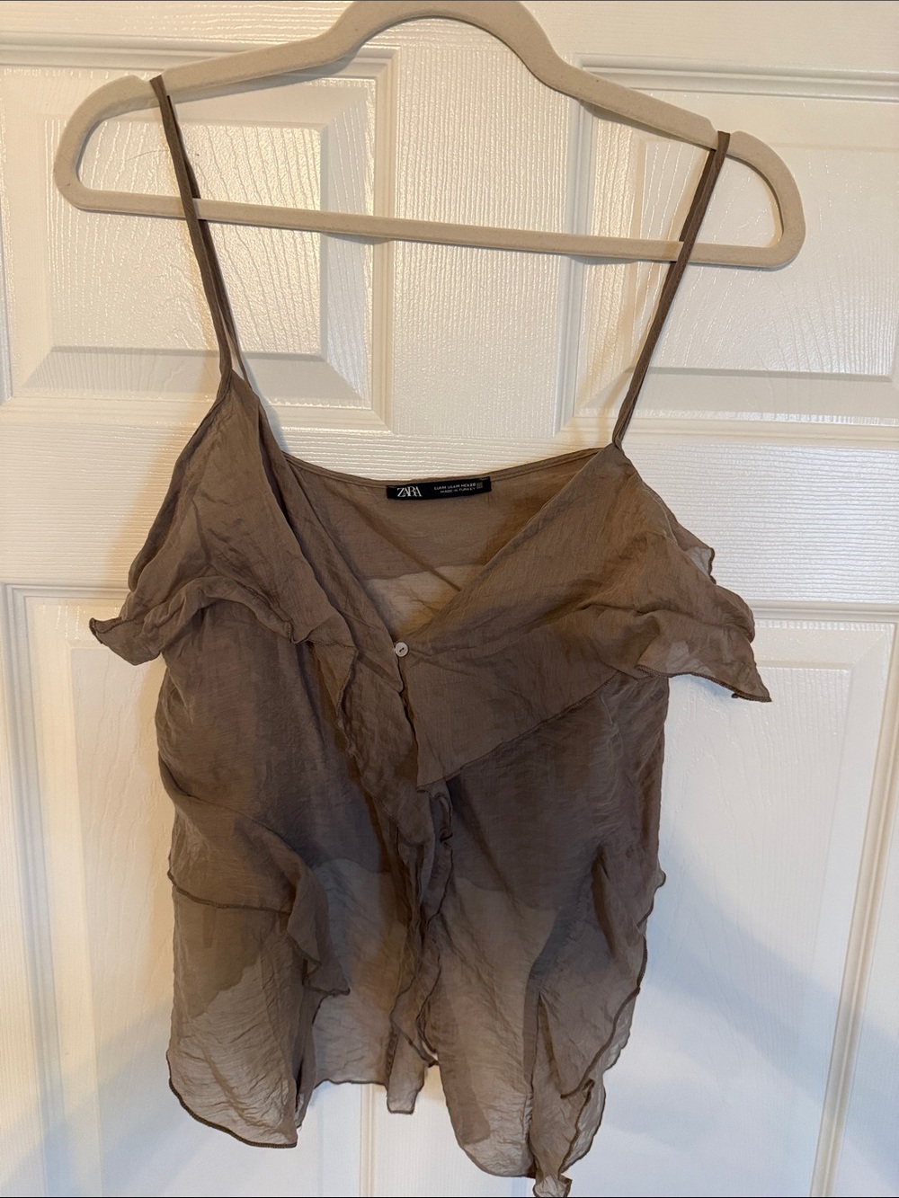 Zara Taupe Sheer Ruffle Spaghetti-Strap Camisole